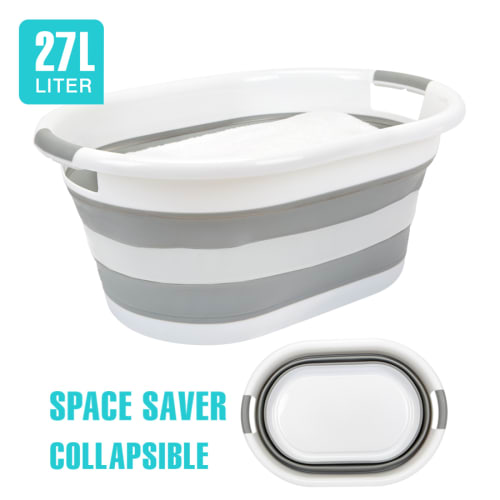 Collapsible Laundry Basket, White and Gray